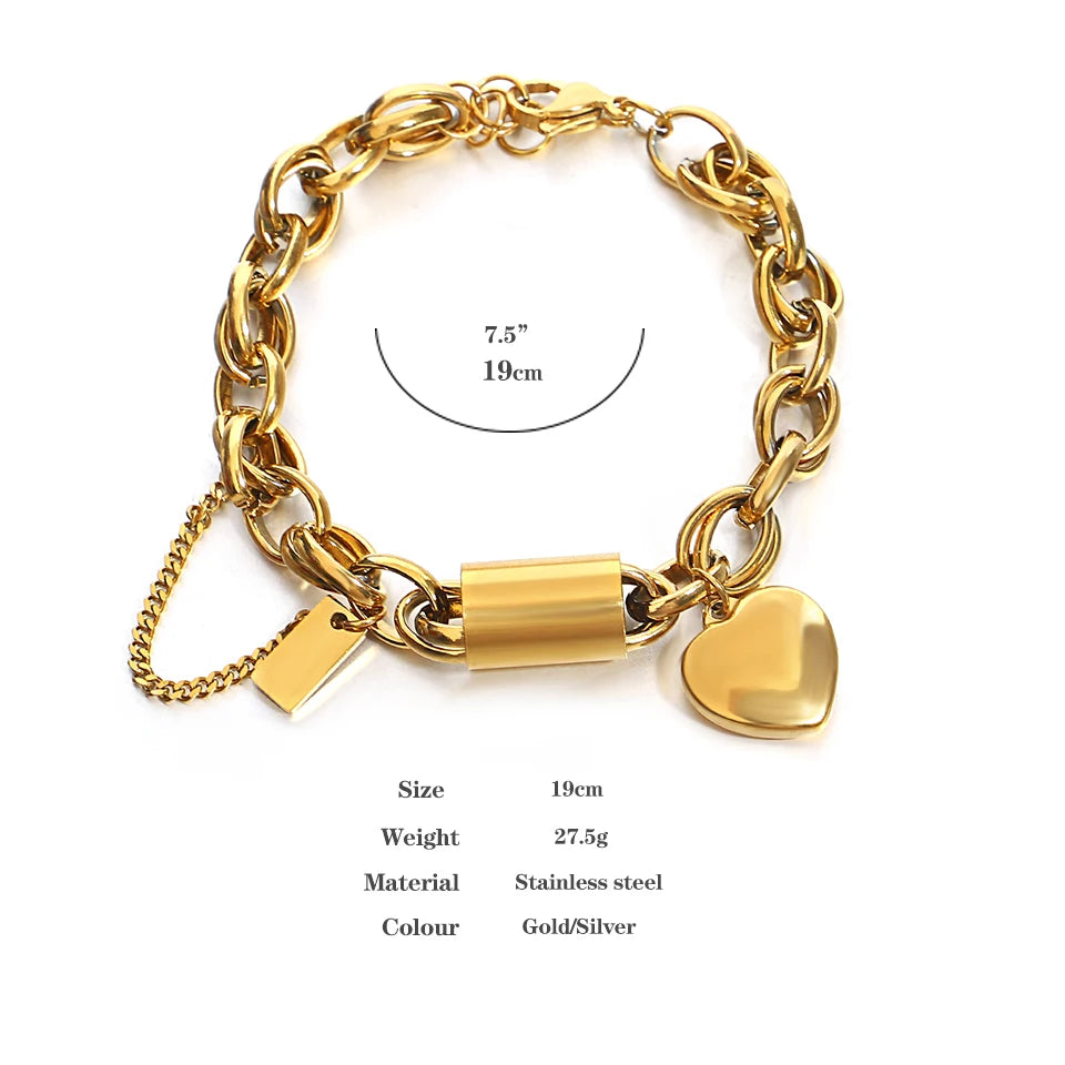 Pulseira de Aço Inoxidável com Trava de Coração, Corrente Banhada a Ouro