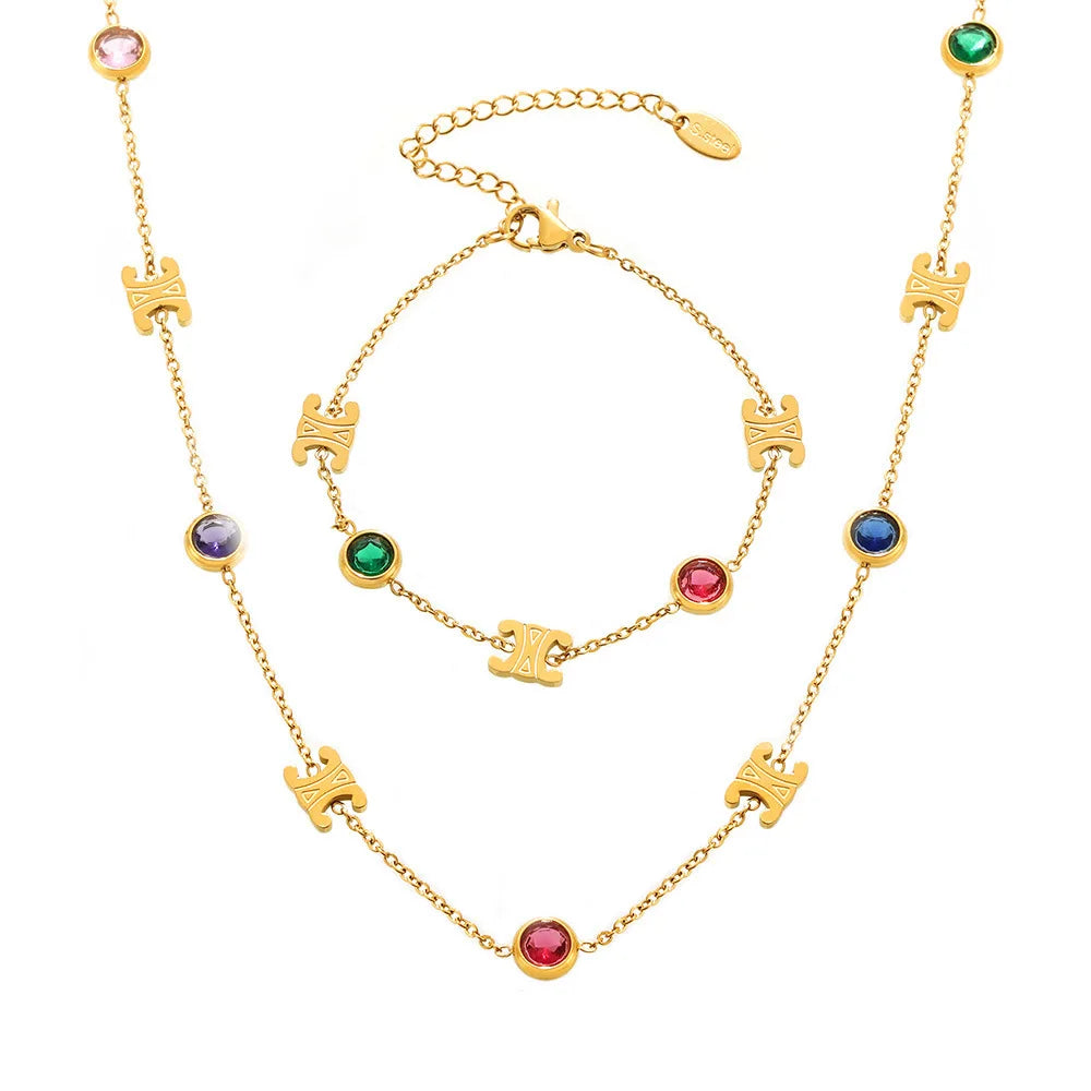 conjunto de joias com colar e pulseira de diamantes coloridos, aço inoxidável banhado a ouro